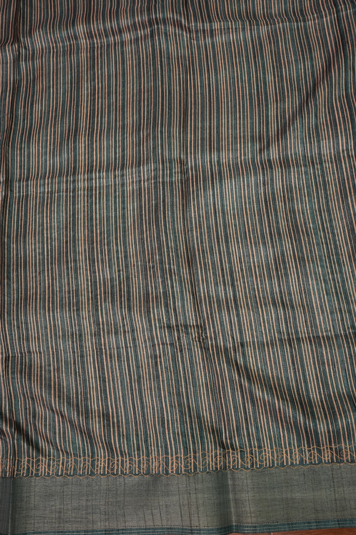 Semi Tussar Raw Silk Saree with Embroidered Floral Body & Contrast Border – Rust & Charcoal Grey