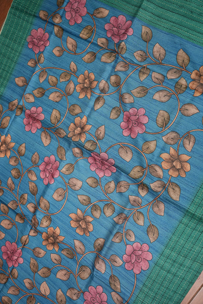 Soft Raw Silk Saree with Floral Body & Contrast Kantha Stitch Print Border – Teal Blue & Sea Green