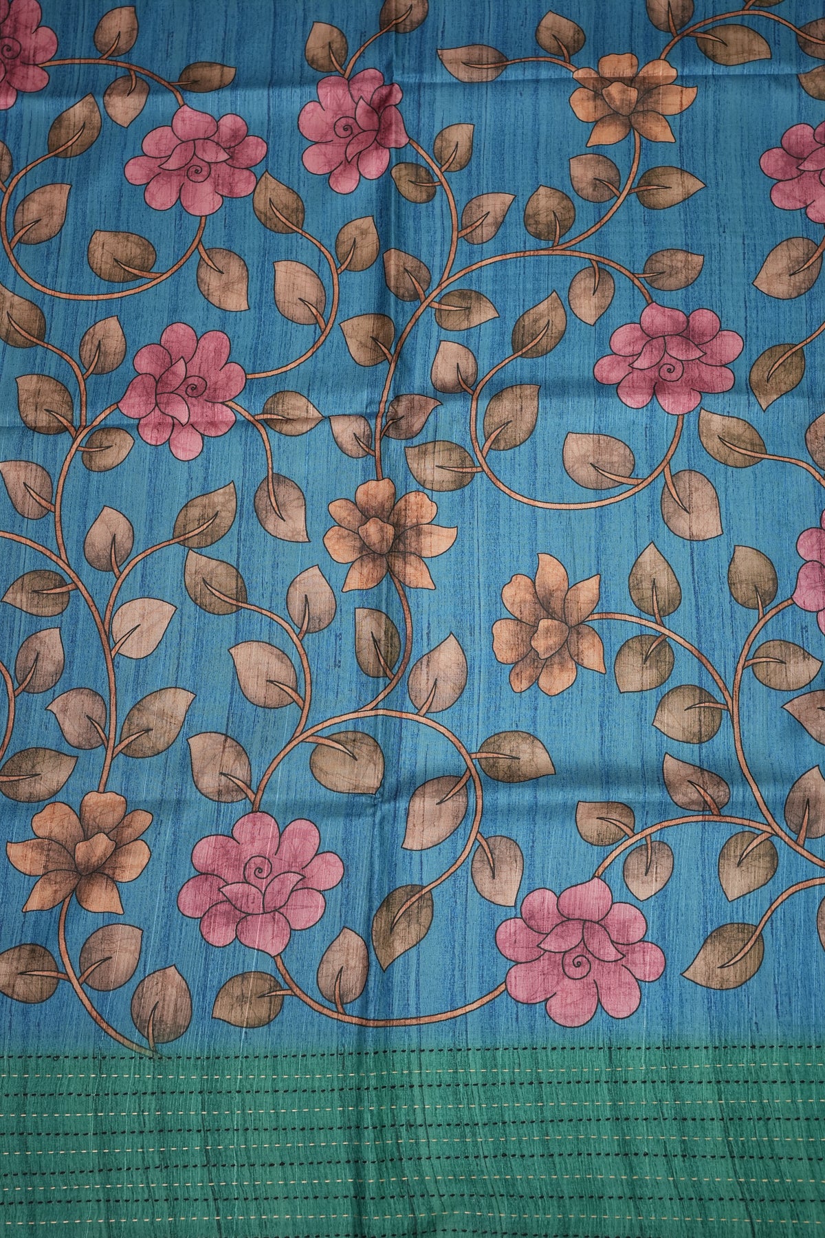Soft Raw Silk Saree with Floral Body & Contrast Kantha Stitch Print Border – Teal Blue & Sea Green