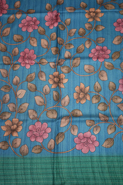 Soft Raw Silk Saree with Floral Body & Contrast Kantha Stitch Print Border – Teal Blue & Sea Green