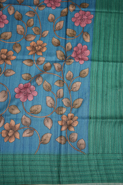 Soft Raw Silk Saree with Floral Body & Contrast Kantha Stitch Print Border – Teal Blue & Sea Green