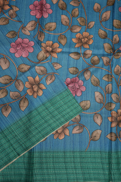 Soft Raw Silk Saree with Floral Body & Contrast Kantha Stitch Print Border – Teal Blue & Sea Green