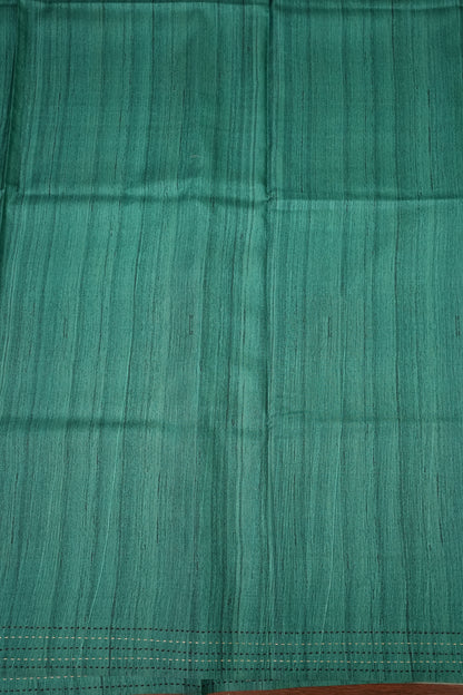 Soft Raw Silk Saree with Floral Body & Contrast Kantha Stitch Print Border – Teal Blue & Sea Green
