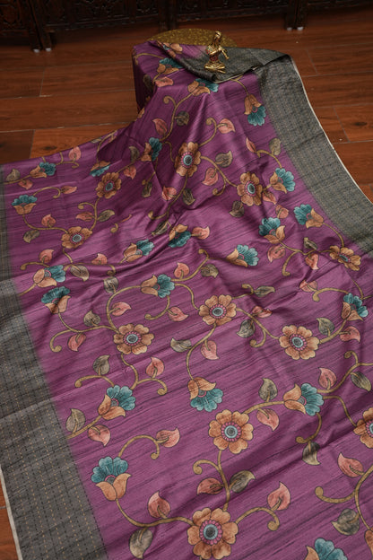 Soft Raw Silk Saree with Floral Prints & Contrast Kantha Stitch Print Border – Mauve Purple & Charcoal Grey