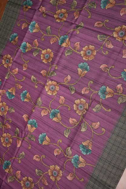 Soft Raw Silk Saree with Floral Prints & Contrast Kantha Stitch Print Border – Mauve Purple & Charcoal Grey