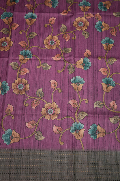 Soft Raw Silk Saree with Floral Prints & Contrast Kantha Stitch Print Border – Mauve Purple & Charcoal Grey