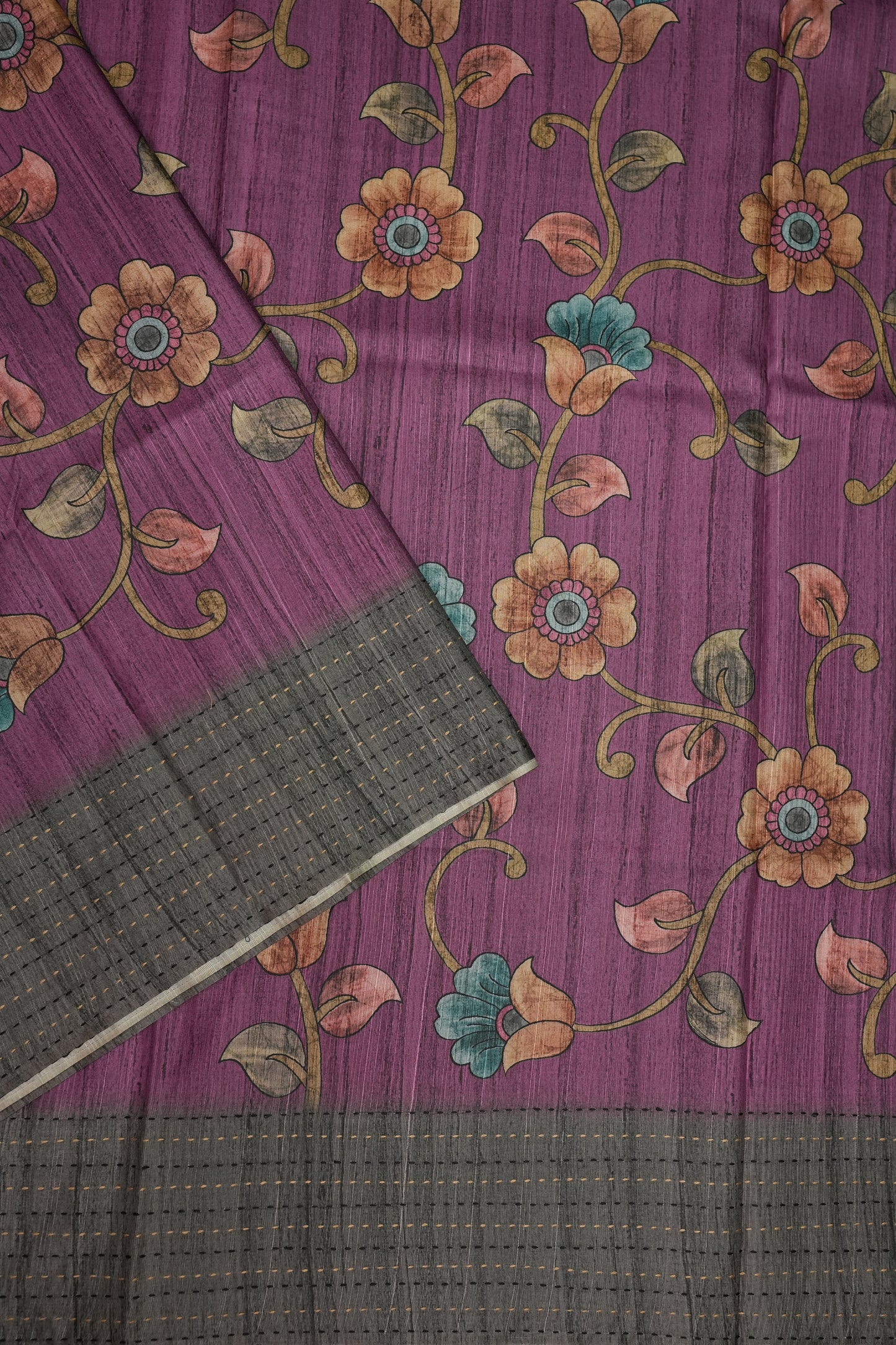 Soft Raw Silk Saree with Floral Prints & Contrast Kantha Stitch Print Border – Mauve Purple & Charcoal Grey