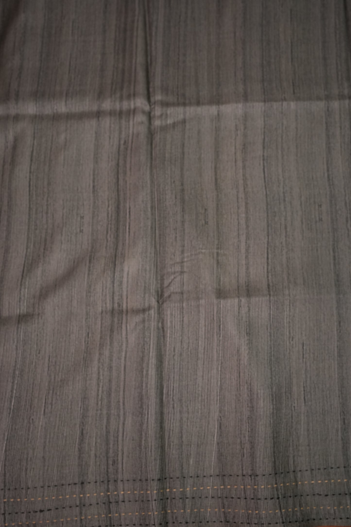 Soft Raw Silk Saree with Floral Prints & Contrast Kantha Stitch Print Border – Mauve Purple & Charcoal Grey