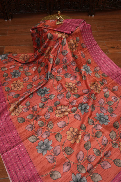 Soft Raw Silk Saree with Floral Prints & Contrast Kantha Stitch Print Border – Rust Orange & Rani Pink