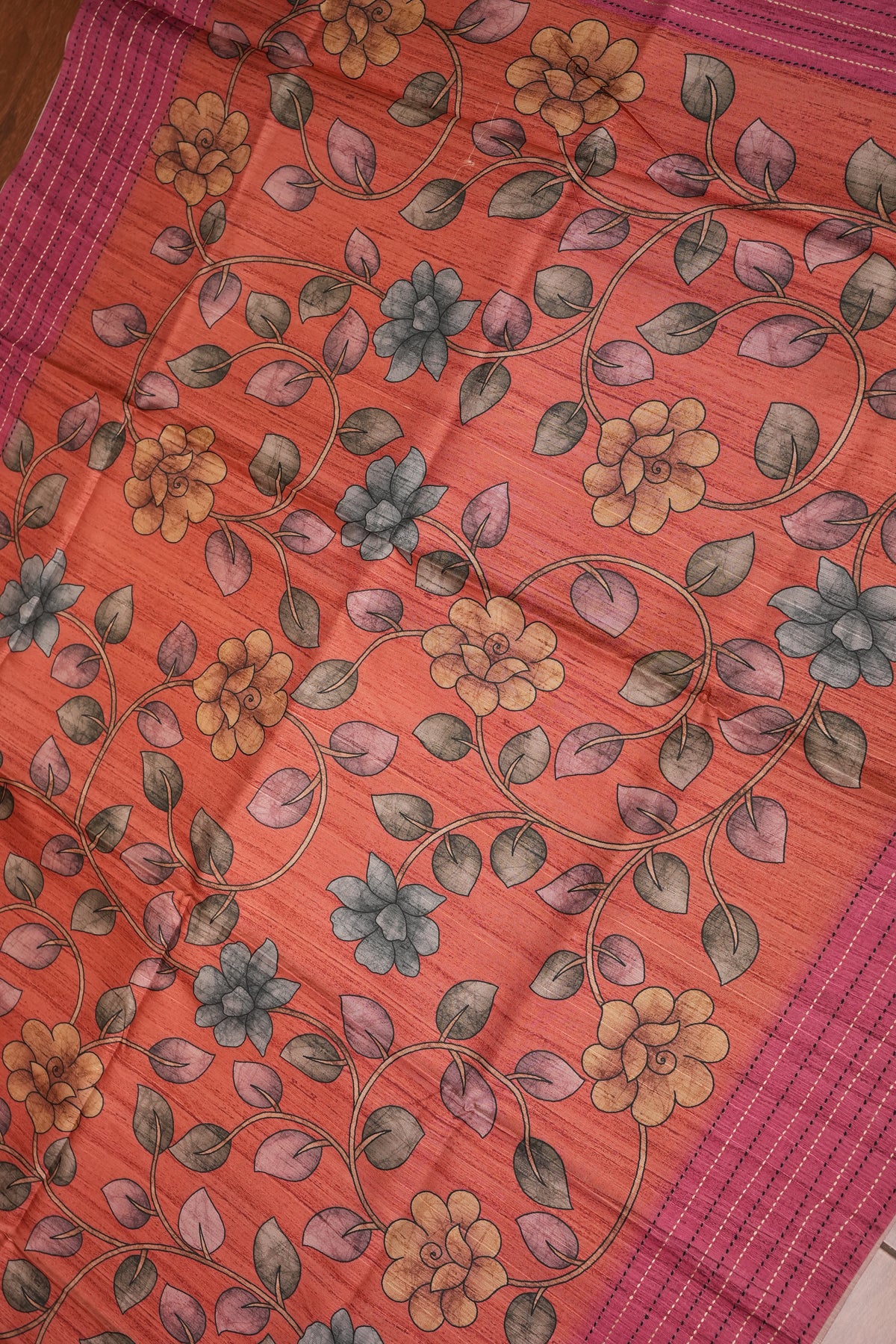 Soft Raw Silk Saree with Floral Prints & Contrast Kantha Stitch Print Border – Rust Orange & Rani Pink