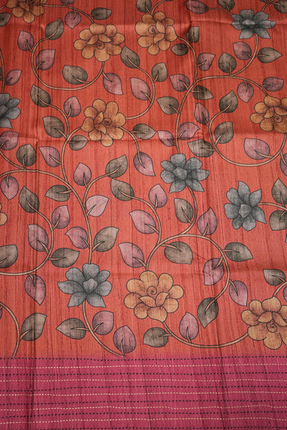 Soft Raw Silk Saree with Floral Prints & Contrast Kantha Stitch Print Border – Rust Orange & Rani Pink