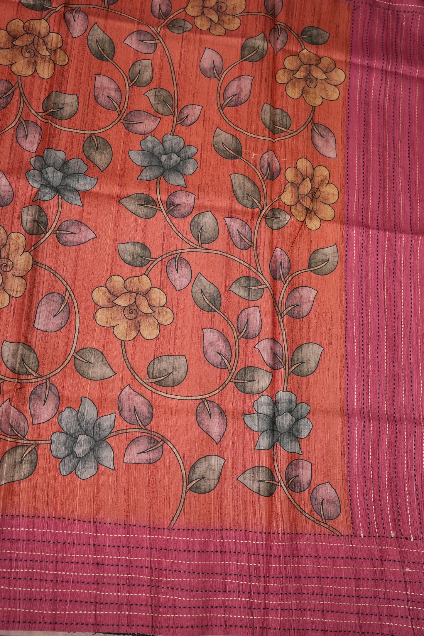 Soft Raw Silk Saree with Floral Prints & Contrast Kantha Stitch Print Border – Rust Orange & Rani Pink