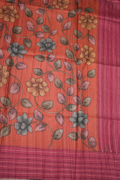 Soft Raw Silk Saree with Floral Prints & Contrast Kantha Stitch Print Border – Rust Orange & Rani Pink