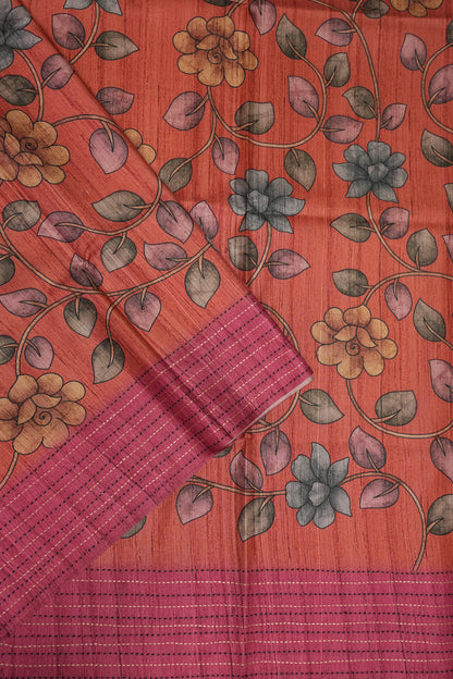 Soft Raw Silk Saree with Floral Prints & Contrast Kantha Stitch Print Border – Rust Orange & Rani Pink