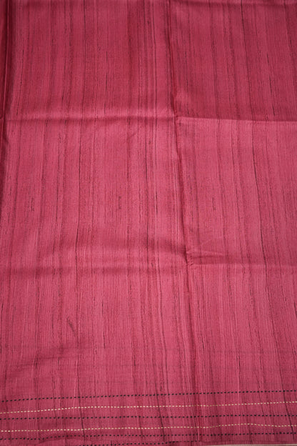 Soft Raw Silk Saree with Floral Prints & Contrast Kantha Stitch Print Border – Rust Orange & Rani Pink