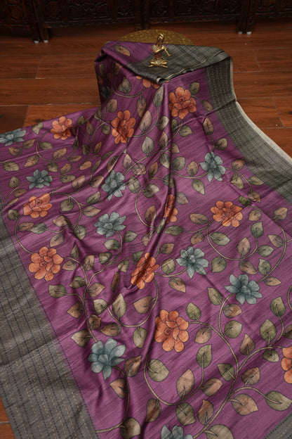Soft Raw Silk Saree with Floral Prints & Contrast Kantha Stitch Print Border – Purple & Charcoal Grey