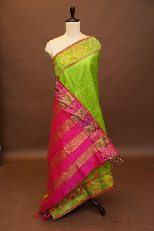 Ikkat Cotton Silk Saree - Lime Green and Pink
