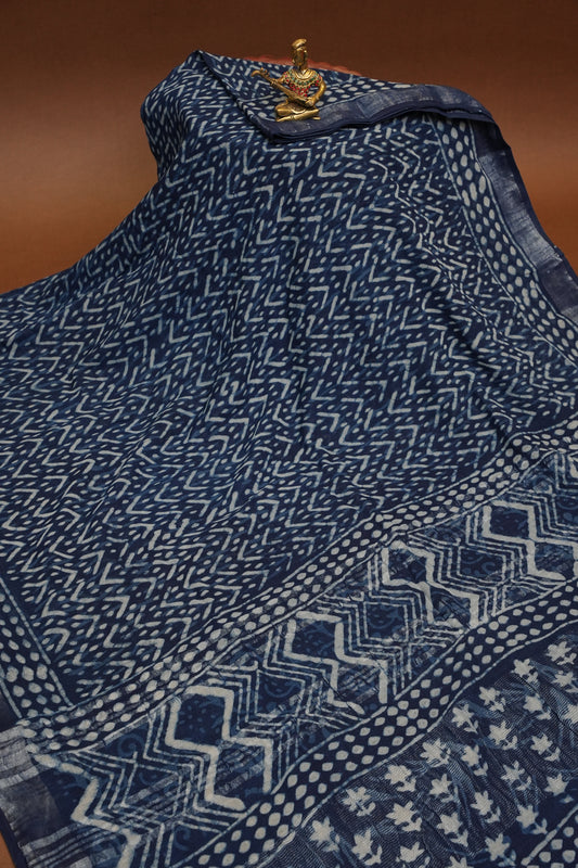 Handcrafted Indigo Dabu Print Linen Cotton Saree with Traditional Block Print Patterns