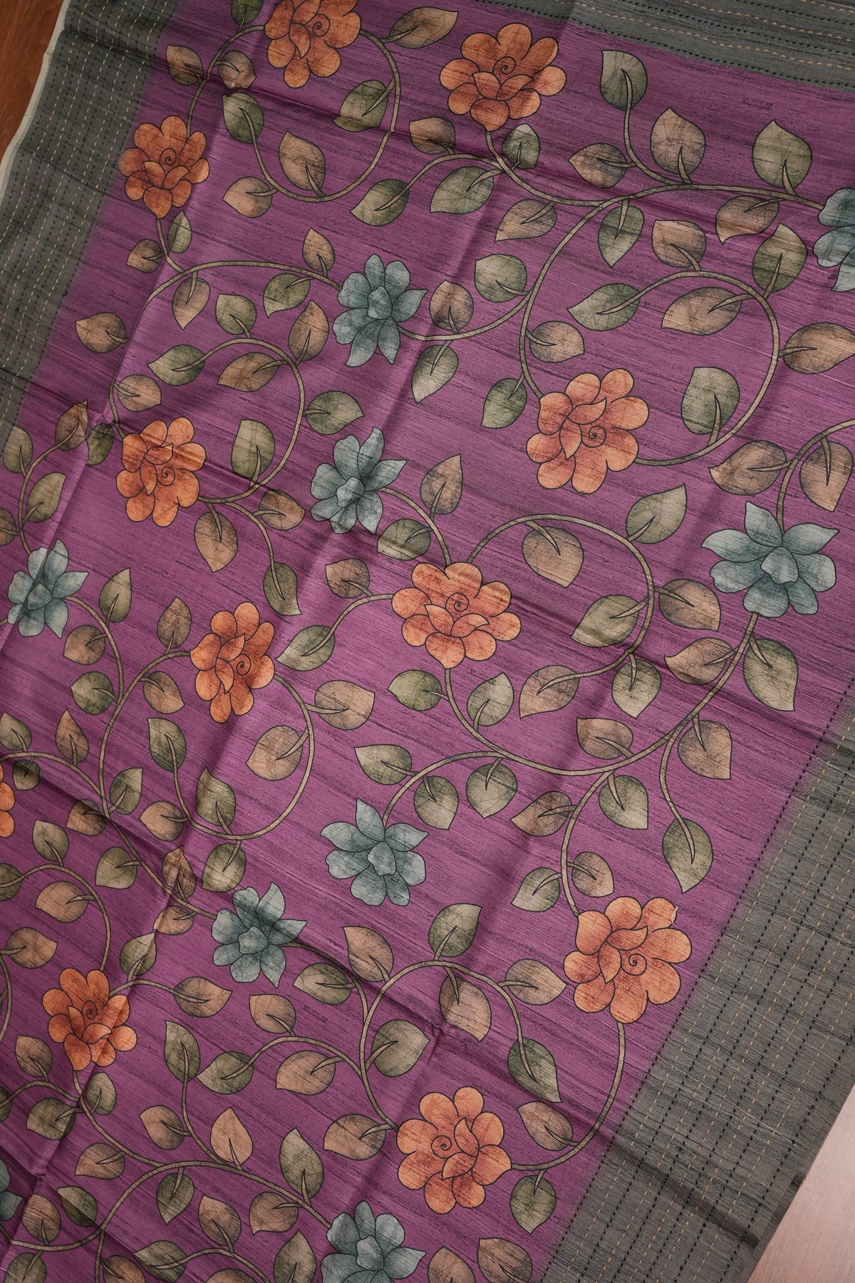 Soft Raw Silk Saree with Floral Prints & Contrast Kantha Stitch Print Border – Purple & Charcoal Grey