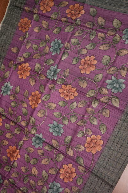Soft Raw Silk Saree with Floral Prints & Contrast Kantha Stitch Print Border – Purple & Charcoal Grey
