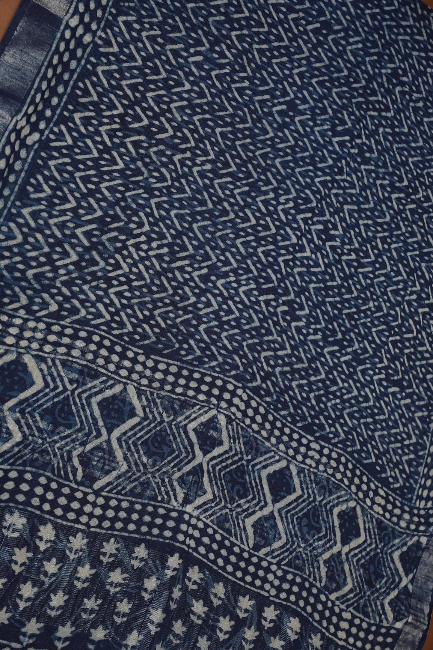 Handcrafted Indigo Dabu Print Linen Cotton Saree with Traditional Block Print Patterns