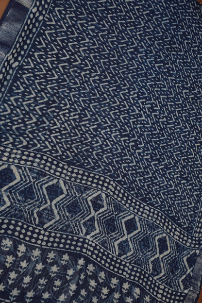 Handcrafted Indigo Dabu Print Linen Cotton Saree with Traditional Block Print Patterns