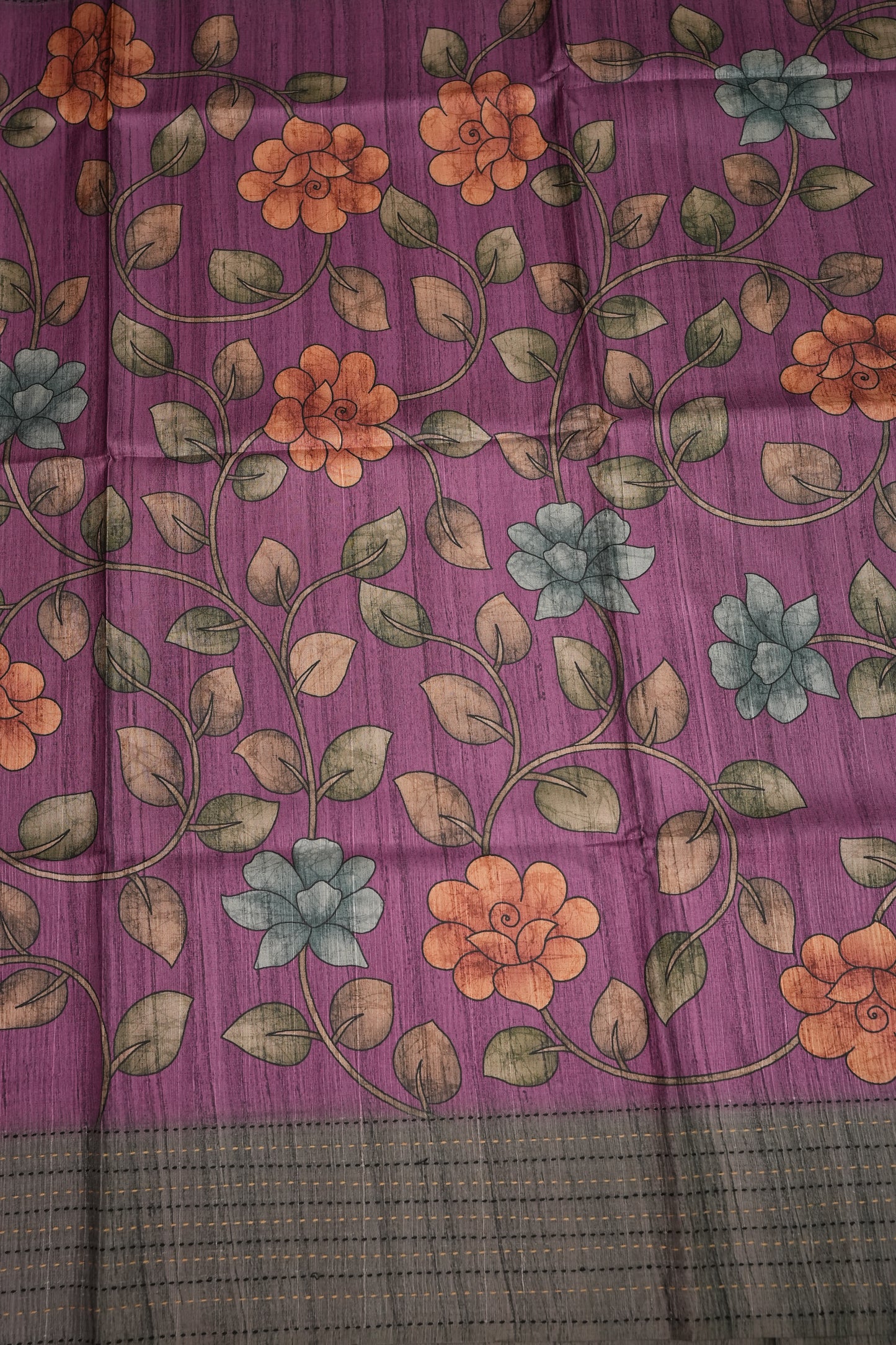 Soft Raw Silk Saree with Floral Prints & Contrast Kantha Stitch Print Border – Purple & Charcoal Grey