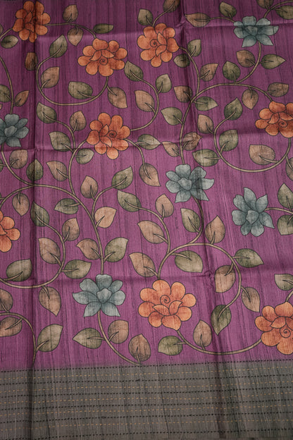 Soft Raw Silk Saree with Floral Prints & Contrast Kantha Stitch Print Border – Purple & Charcoal Grey