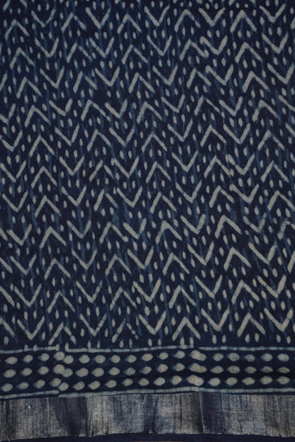 Handcrafted Indigo Dabu Print Linen Cotton Saree with Traditional Block Print Patterns