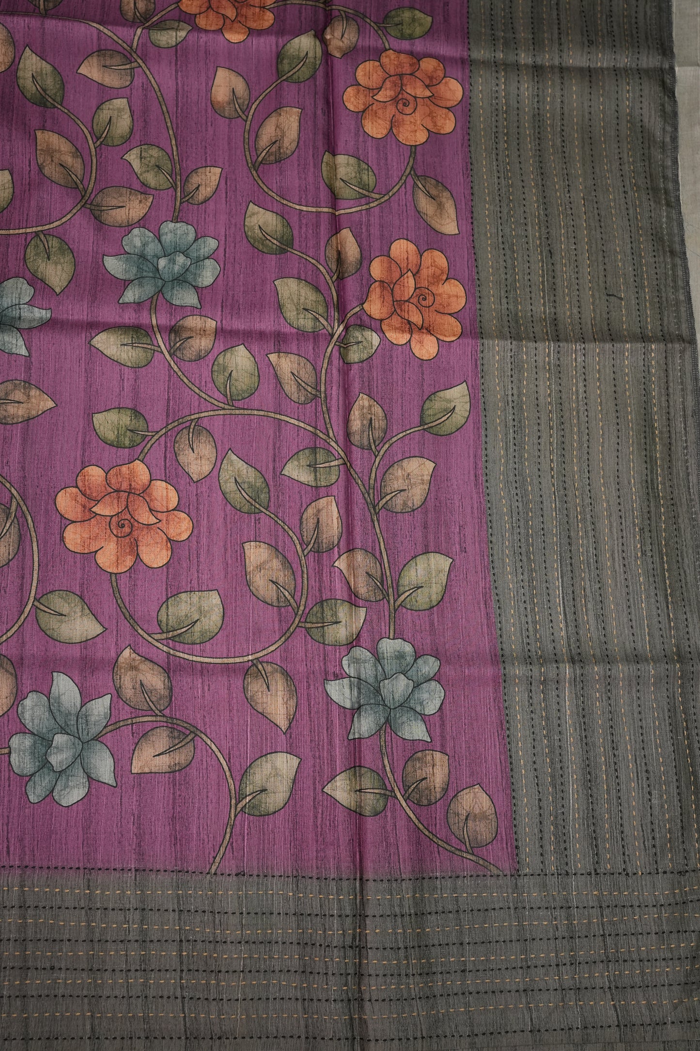 Soft Raw Silk Saree with Floral Prints & Contrast Kantha Stitch Print Border – Purple & Charcoal Grey