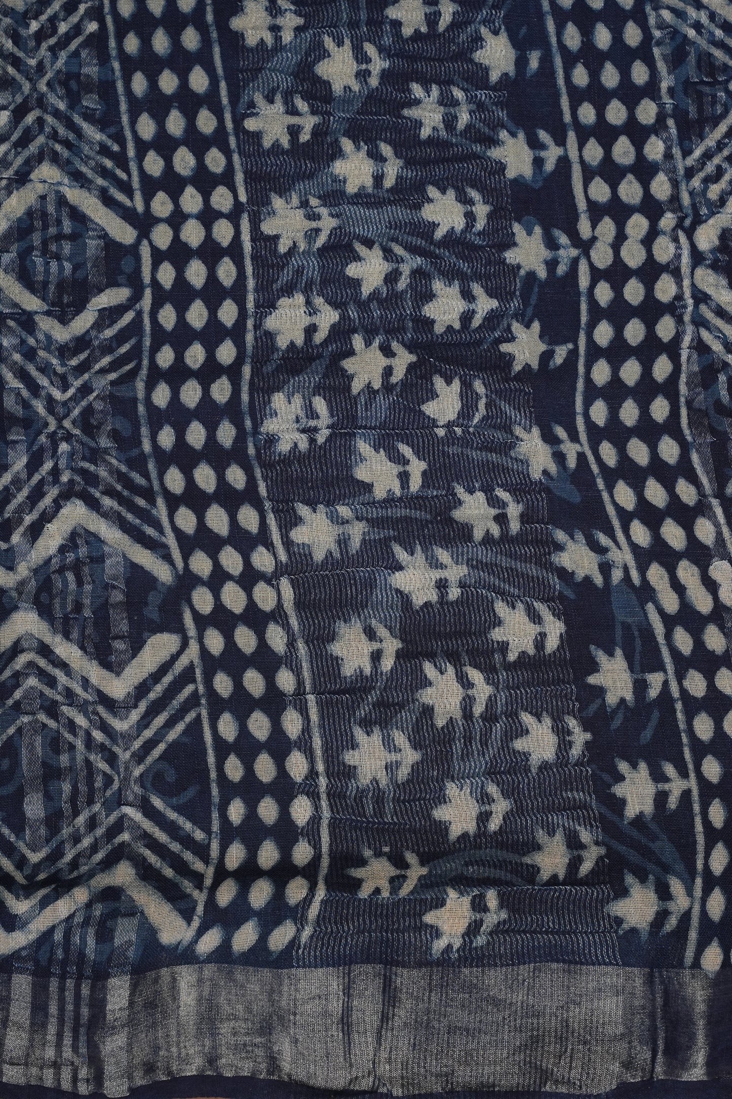 Handcrafted Indigo Dabu Print Linen Cotton Saree with Traditional Block Print Patterns