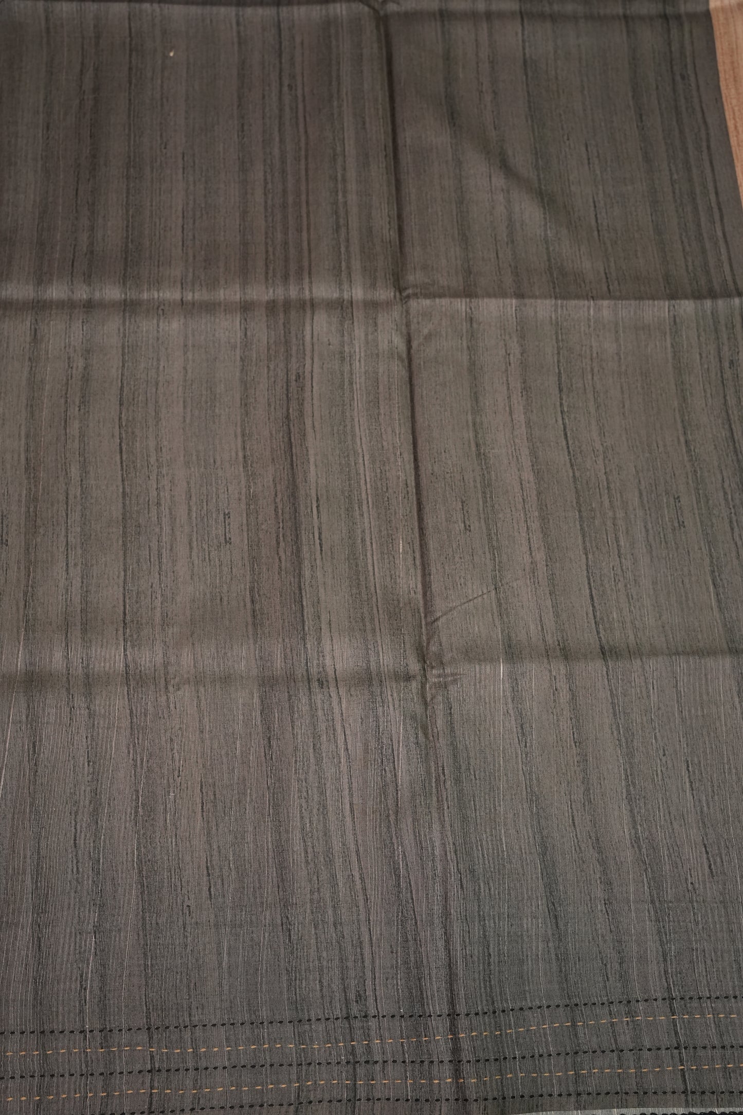 Soft Raw Silk Saree with Floral Prints & Contrast Kantha Stitch Print Border – Purple & Charcoal Grey