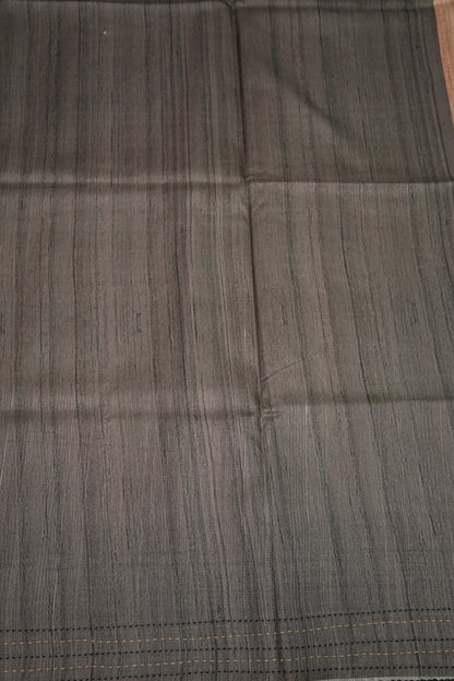 Soft Raw Silk Saree with Floral Prints & Contrast Kantha Stitch Print Border – Purple & Charcoal Grey