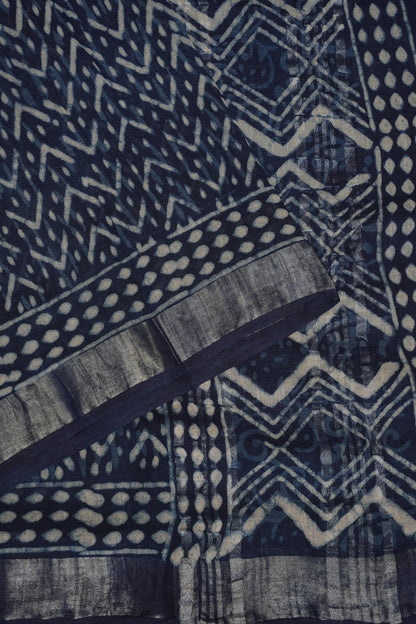 Handcrafted Indigo Dabu Print Linen Cotton Saree with Traditional Block Print Patterns