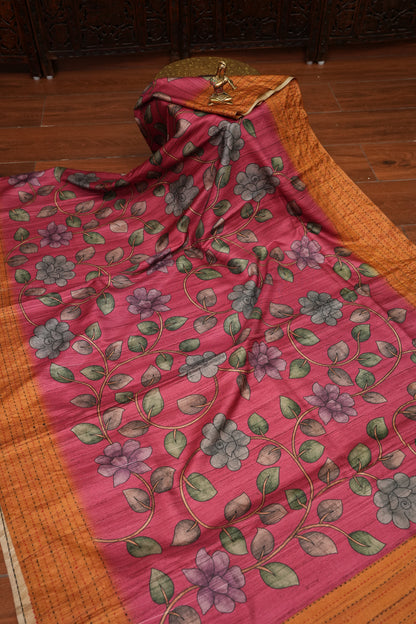 Soft Raw Silk Saree with Floral Prints & Contrast Kantha Stitch Print Border – Rani Pink & Rust Orange