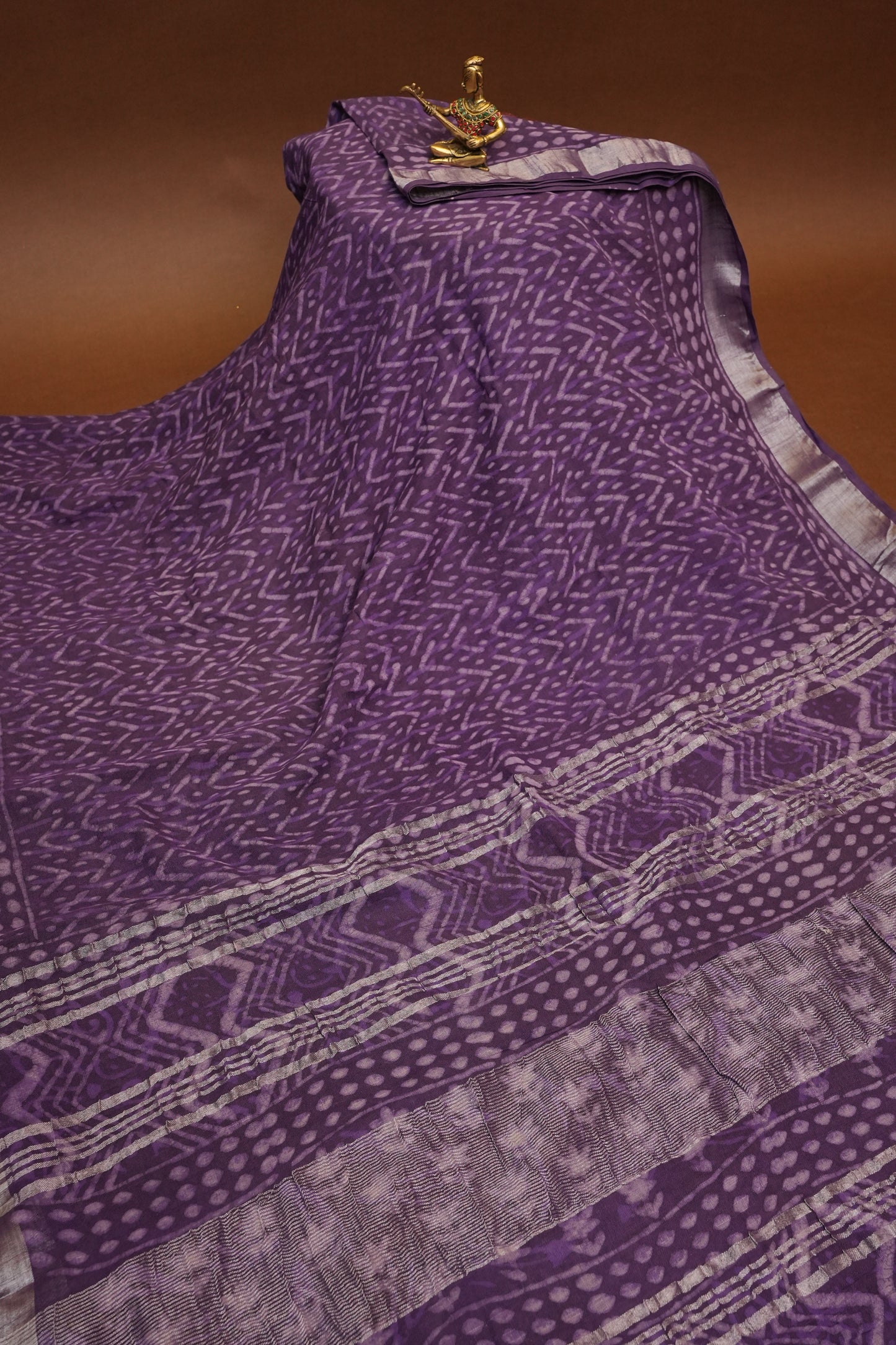 Handcrafted Purple Dabu Print Linen Cotton Saree with Traditional Block Print Patterns