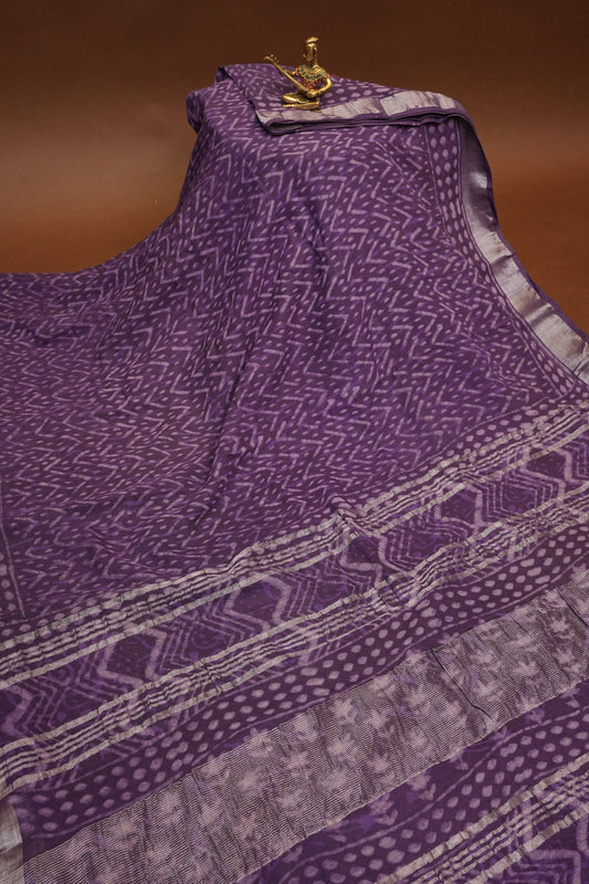 Handcrafted Purple Dabu Print Linen Cotton Saree with Traditional Block Print Patterns