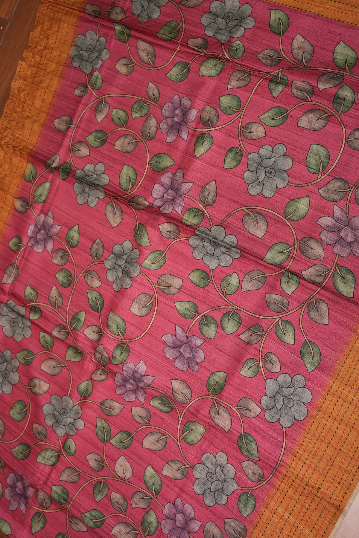 Soft Raw Silk Saree with Floral Prints & Contrast Kantha Stitch Print Border – Rani Pink & Rust Orange