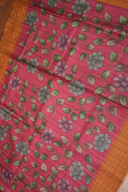 Soft Raw Silk Saree with Floral Prints & Contrast Kantha Stitch Print Border – Rani Pink & Rust Orange
