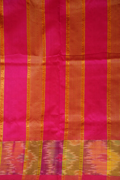 Ikkat Cotton Silk Saree - Lime Green and Pink