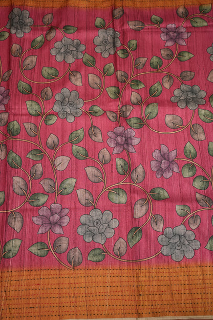Soft Raw Silk Saree with Floral Prints & Contrast Kantha Stitch Print Border – Rani Pink & Rust Orange