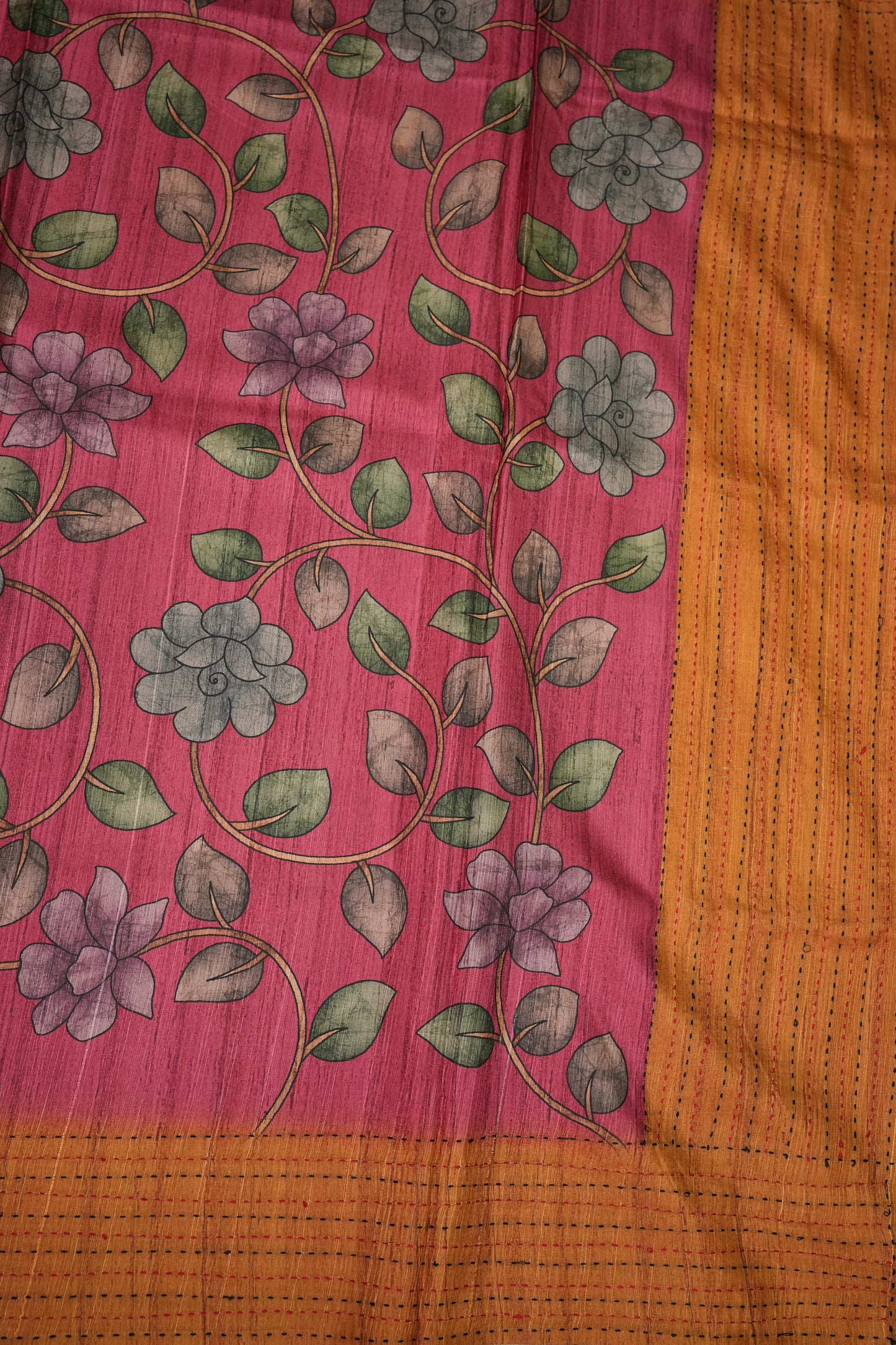 Soft Raw Silk Saree with Floral Prints & Contrast Kantha Stitch Print Border – Rani Pink & Rust Orange