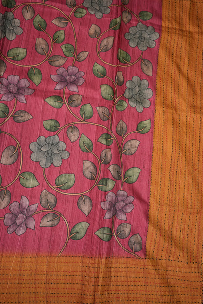 Soft Raw Silk Saree with Floral Prints & Contrast Kantha Stitch Print Border – Rani Pink & Rust Orange