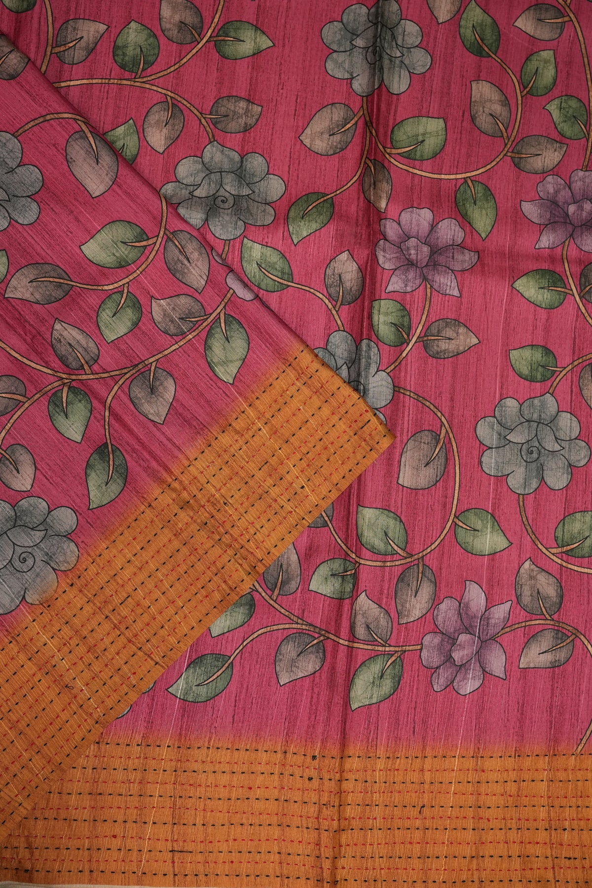 Soft Raw Silk Saree with Floral Prints & Contrast Kantha Stitch Print Border – Rani Pink & Rust Orange