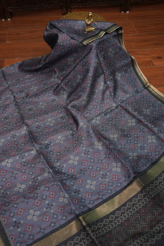 Semi Raw Silk Saree with Digital Patola Prints – Slate Grey & Black