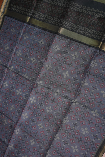 Semi Raw Silk Saree with Digital Patola Prints – Slate Grey & Black