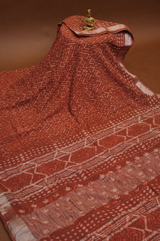 Handcrafted Rust Dabu Print Linen Cotton Saree with Traditional Block Print Patterns