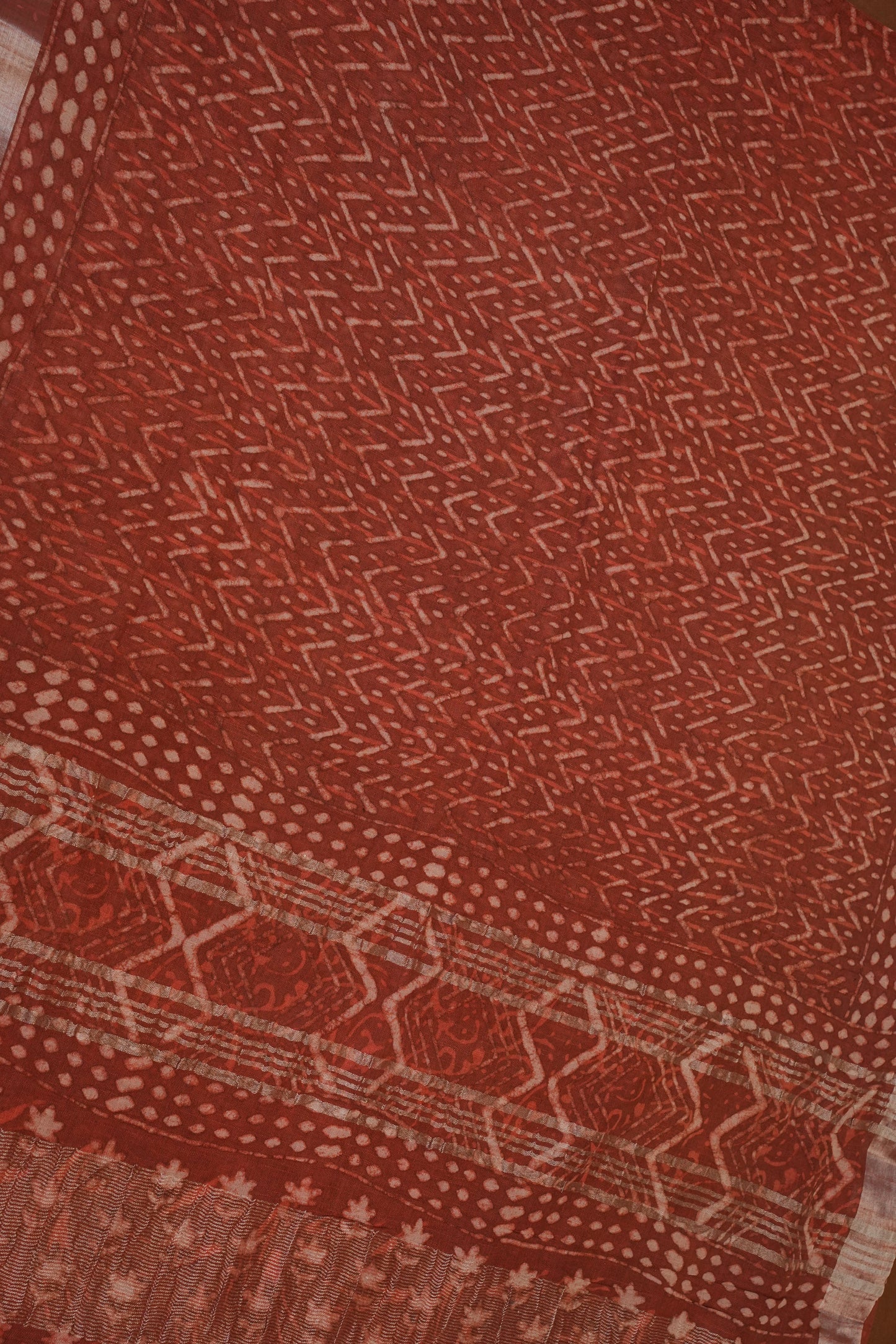 Handcrafted Rust Dabu Print Linen Cotton Saree with Traditional Block Print Patterns