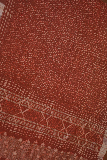 Handcrafted Rust Dabu Print Linen Cotton Saree with Traditional Block Print Patterns