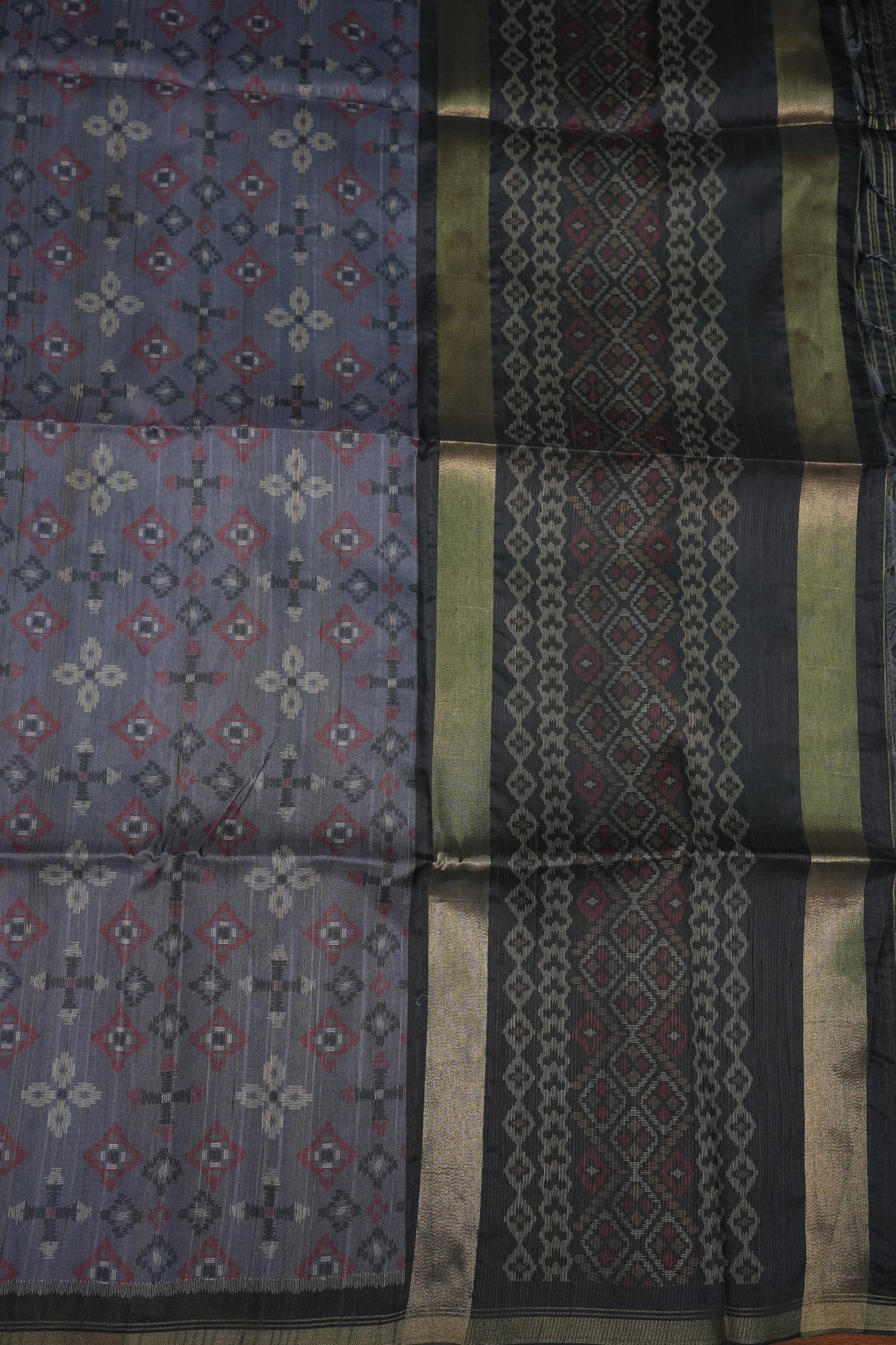 Semi Raw Silk Saree with Digital Patola Prints – Slate Grey & Black